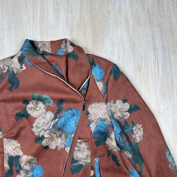 Elie Tahari Faux Leather Brown Hydrangea Floral Print Boho Chic Moto Jacket XL - Picture 2 of 16